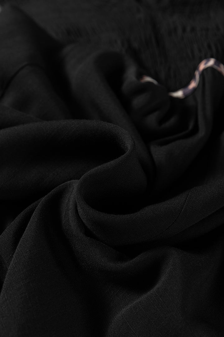 Black Collared V Neck Smocked Detail Contrast Leopard Trim Bracelet Sleeve Long Dress