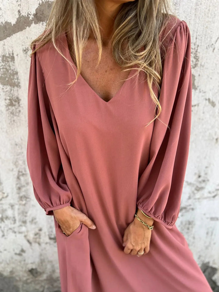 Full Size Slit V-Neck Balloon Sleeve Midi Dress Plus Size