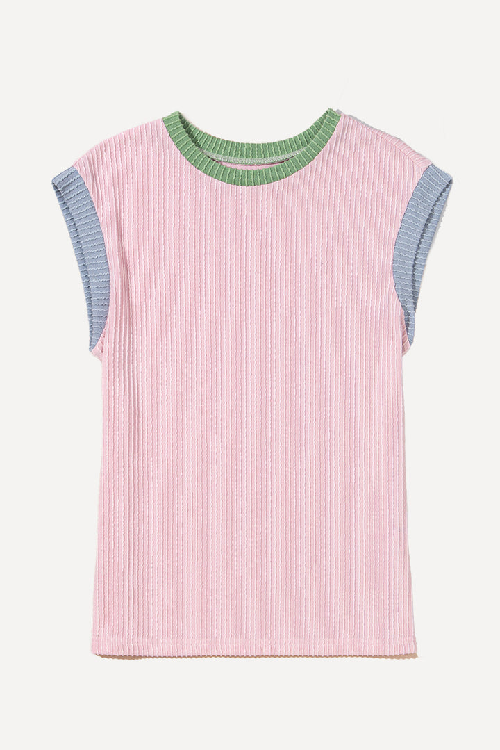 Pink Color Block Corded Knit Crew Neck Tee