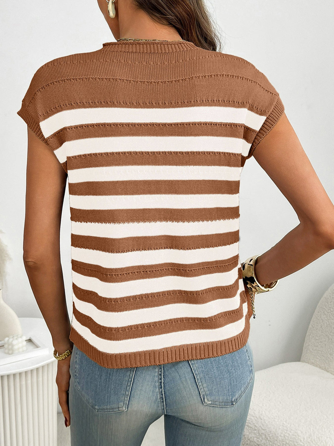 Striped Knit Pocket Detail Cap Sleeve Sweater