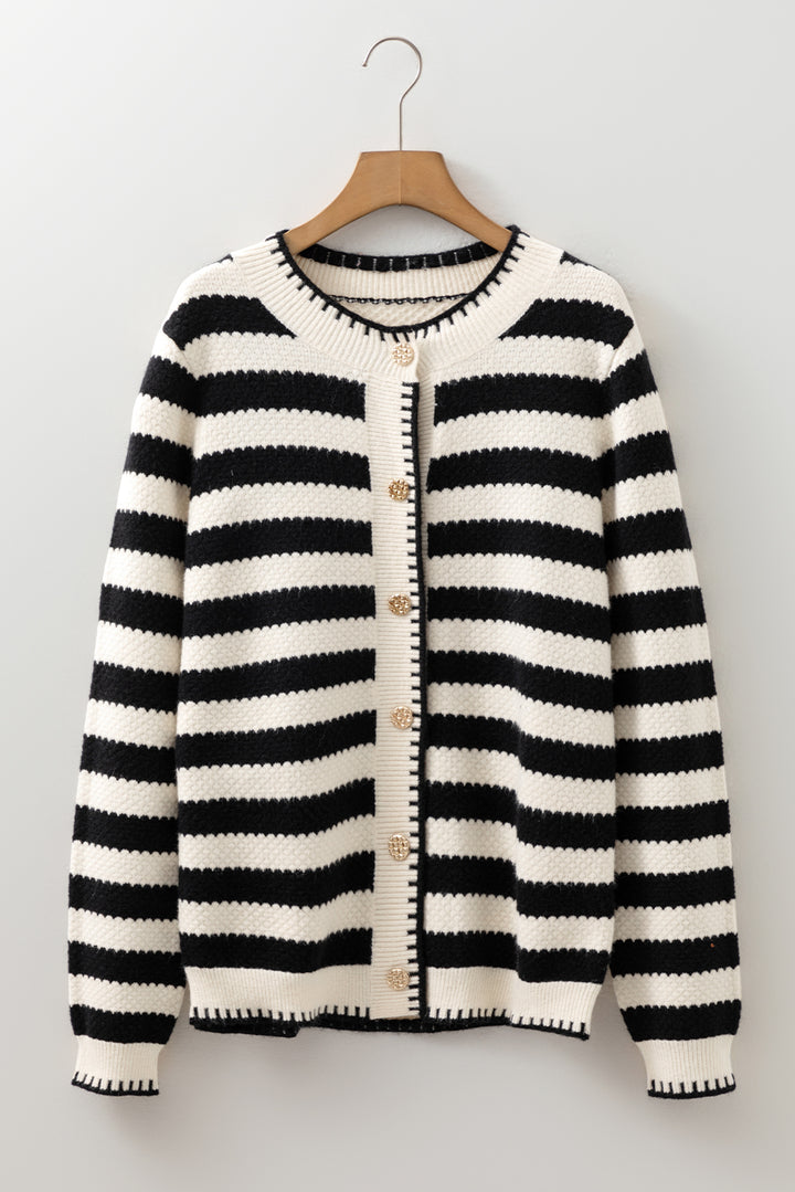 Black Stripe Chic Golden Button Cardigan Sweater
