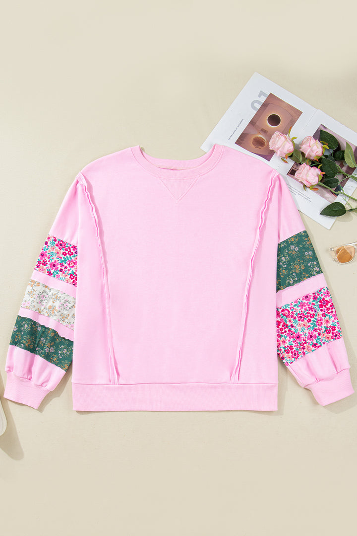 Pink Plus Size Mix Floral Patched Sleeve Ribbed Trim Baggy Sweatshirt
