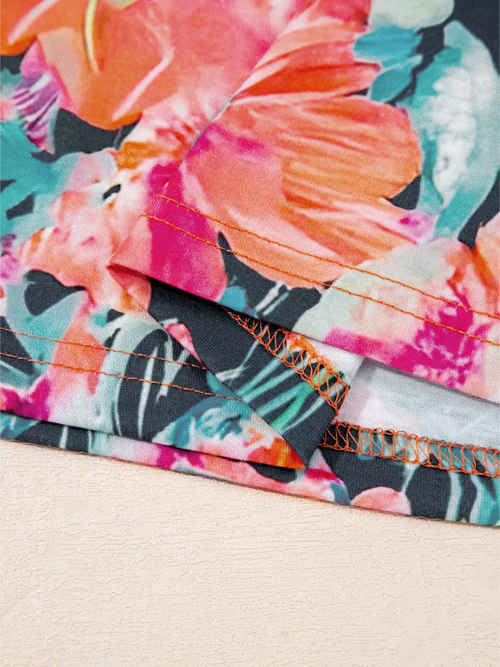 Floral 3/4 Flare Sleeve Tied Neck Blouse