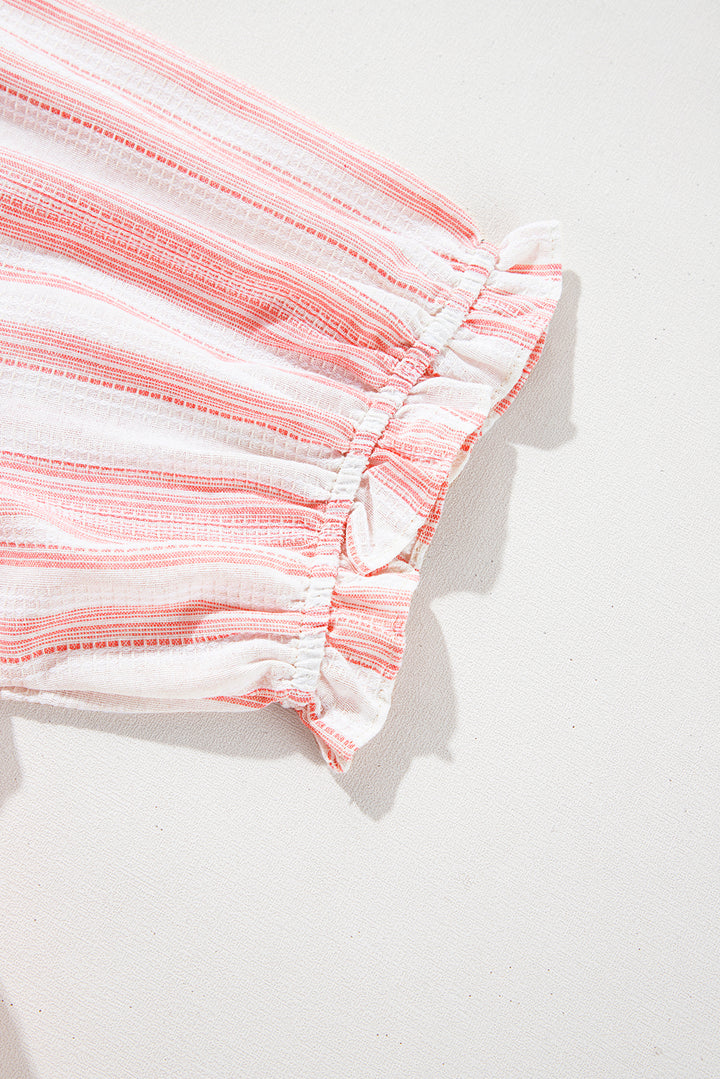 Pink Stripe Plus Size Tassel Tie Frilled Detail Short Sleeve Blouse