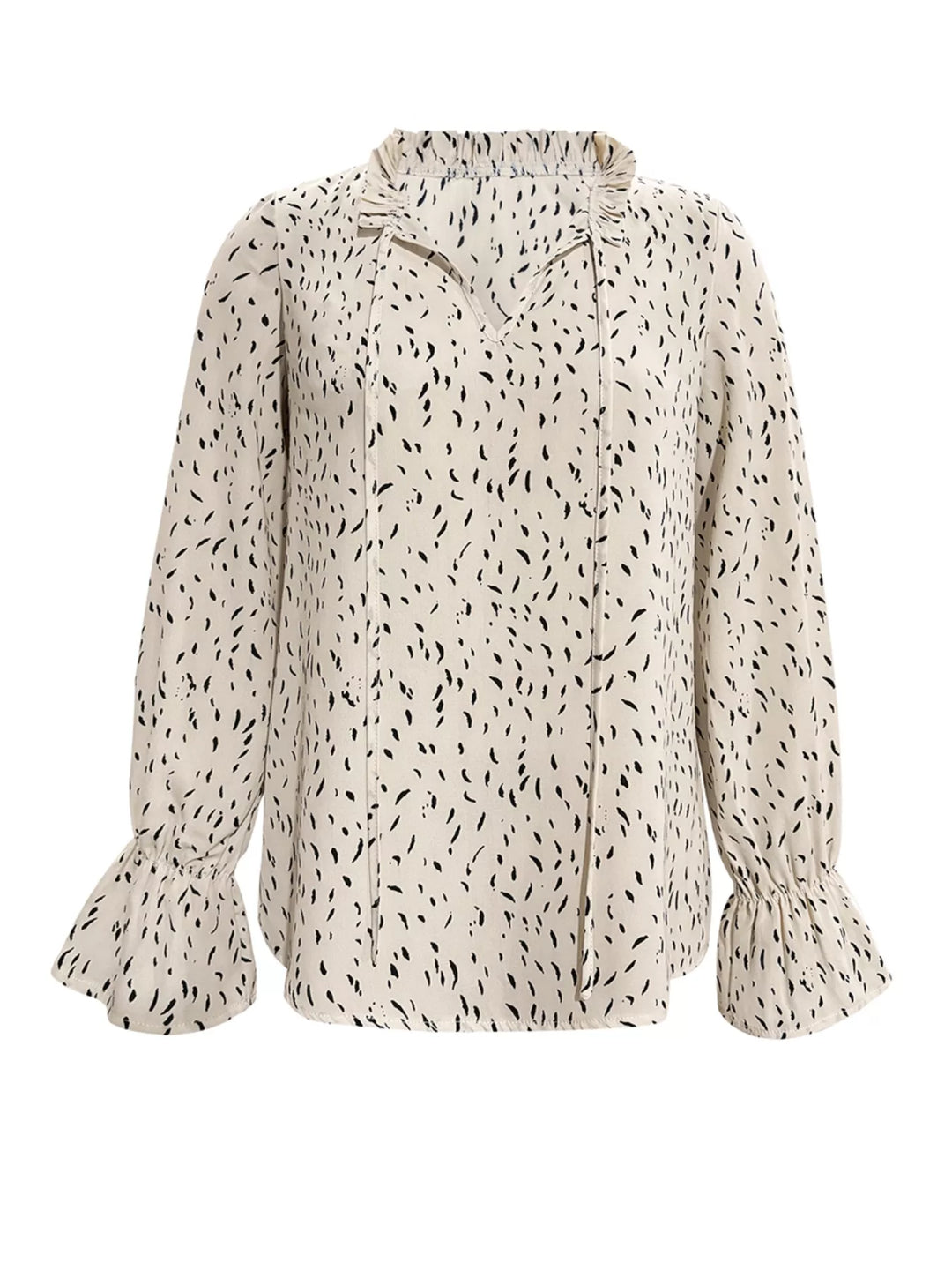 Ruffled Printed Tie Neck Long Sleeve Blouse