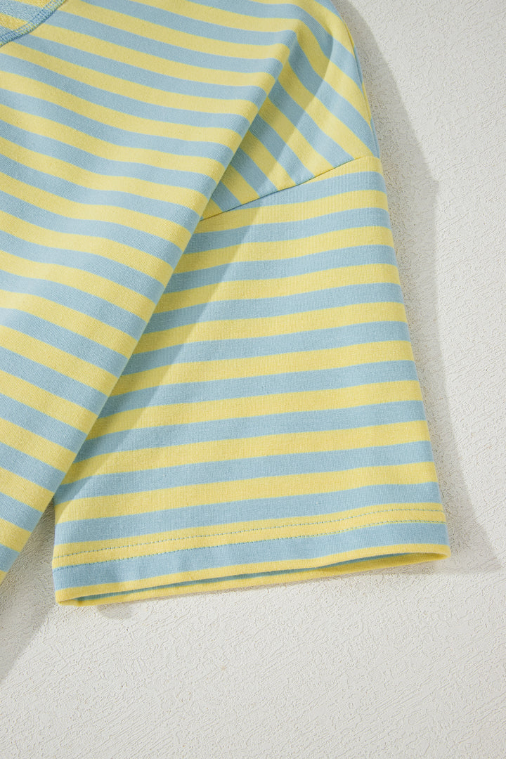 Yellow Stripe Drop Shoulder Boxy Casual Terry Short Set