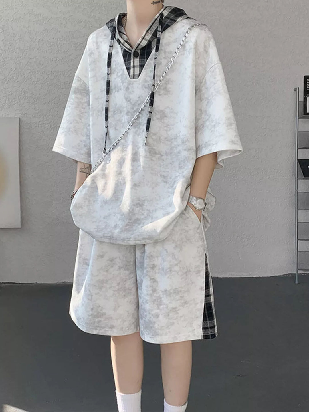 Men's Plus Size Tie-Dye Plaid Patchwork Hoodie and Shorts Set