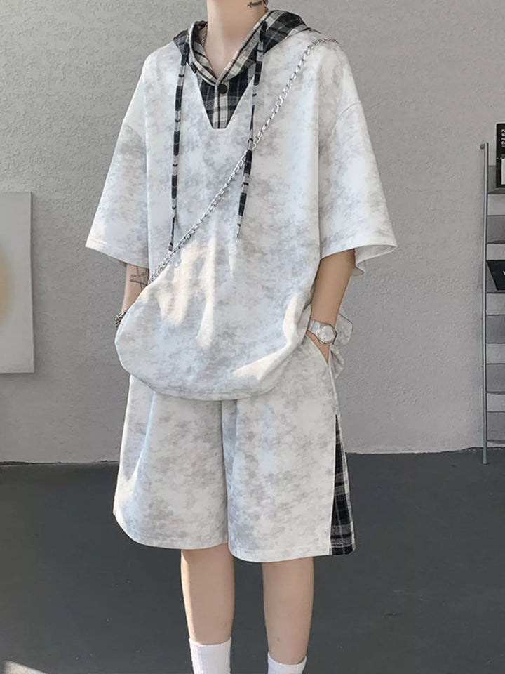 Men's Plus Size Tie-Dye Plaid Patchwork Hoodie and Shorts Set
