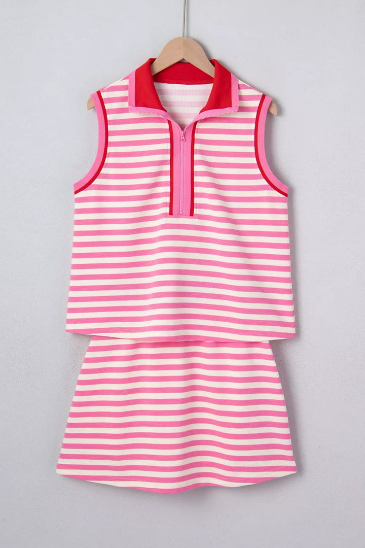 Half Zip Striped Sleeveless Top and Skirt Set
