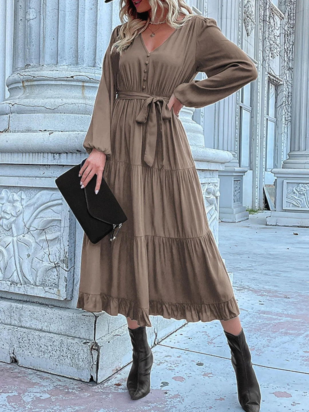 Ruffled Hem V-Neck Balloon Sleeve Dress
