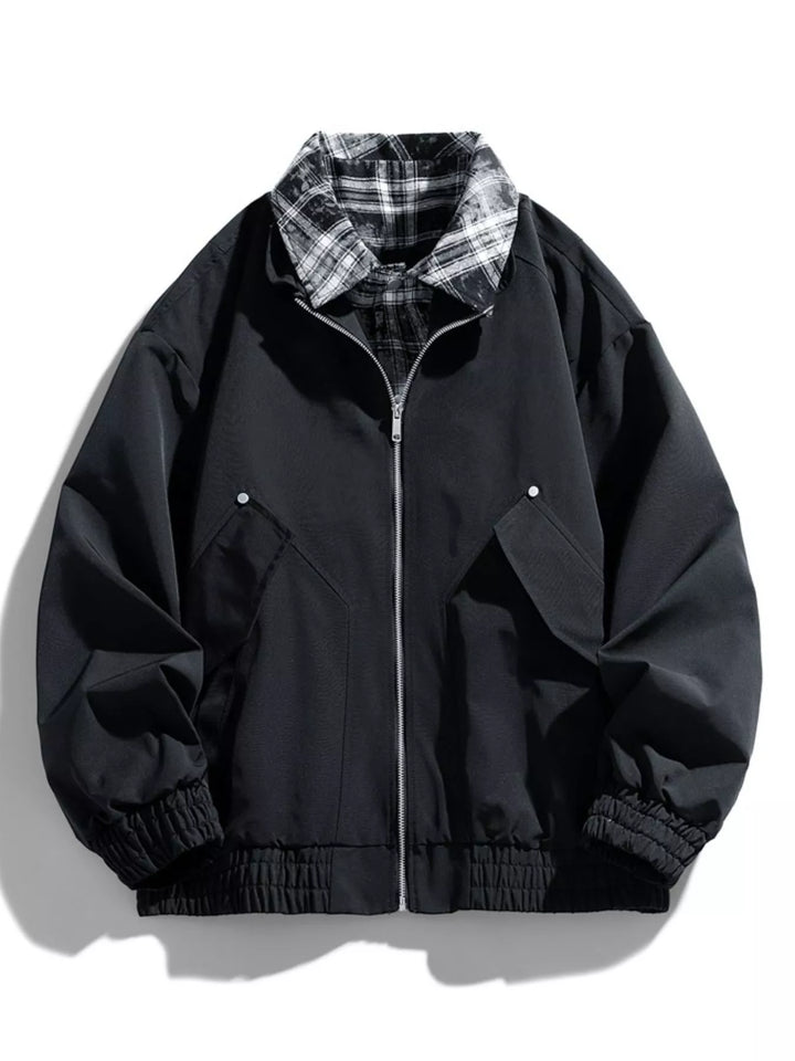 Men's Plus Size Plaid Collar Zip-Up Bomber Jacket