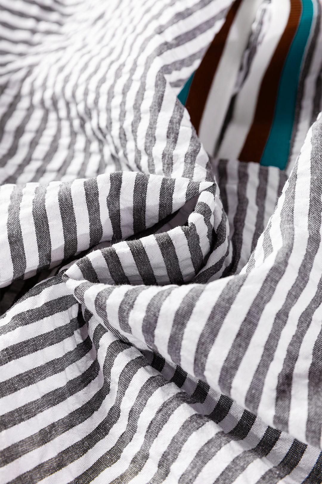 Dark Grey Striped Print Contrast Patchwork Detail Split Neck Blouse