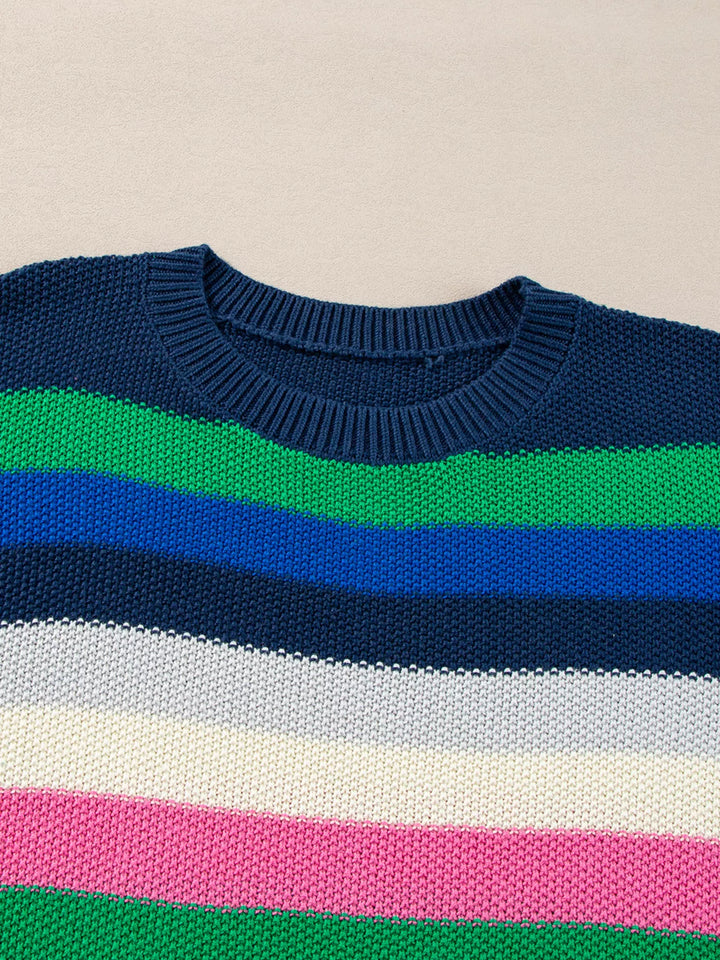 Rainbow Striped Crew Neck Drop Shoulder Sweater