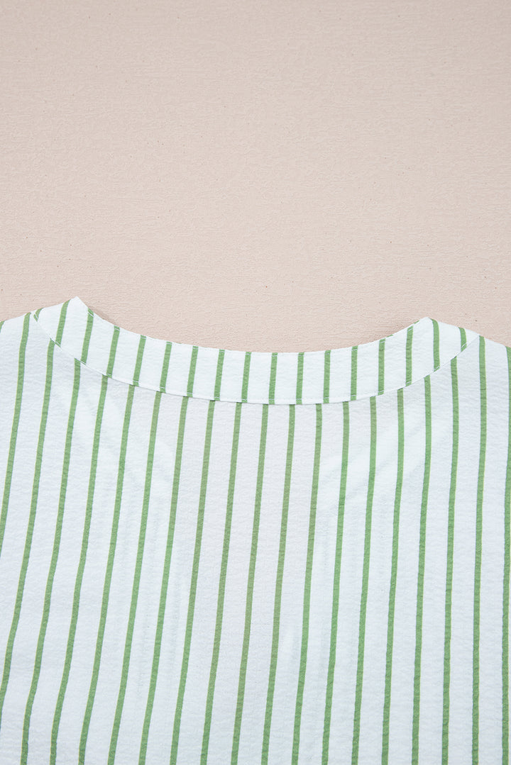 Green Stripe Flower Puff Sleeve Notched V Neck Babydoll Blouse