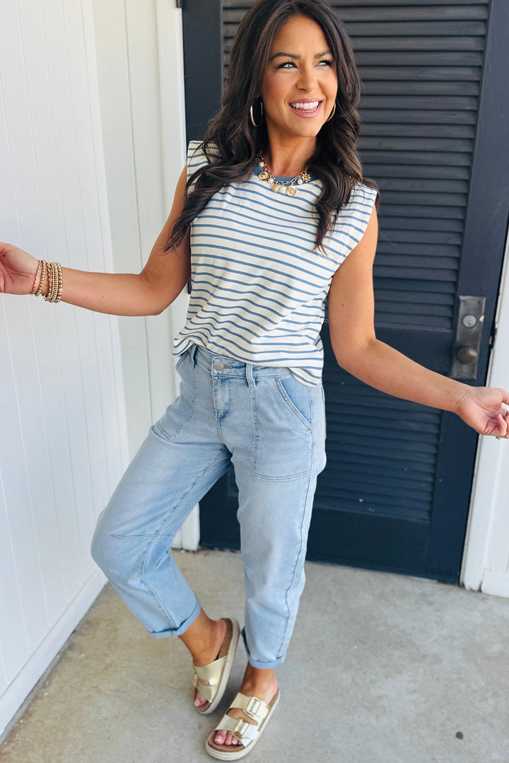 Beau Blue High Rise Barrel Relaxed Patch Pocket Jeans