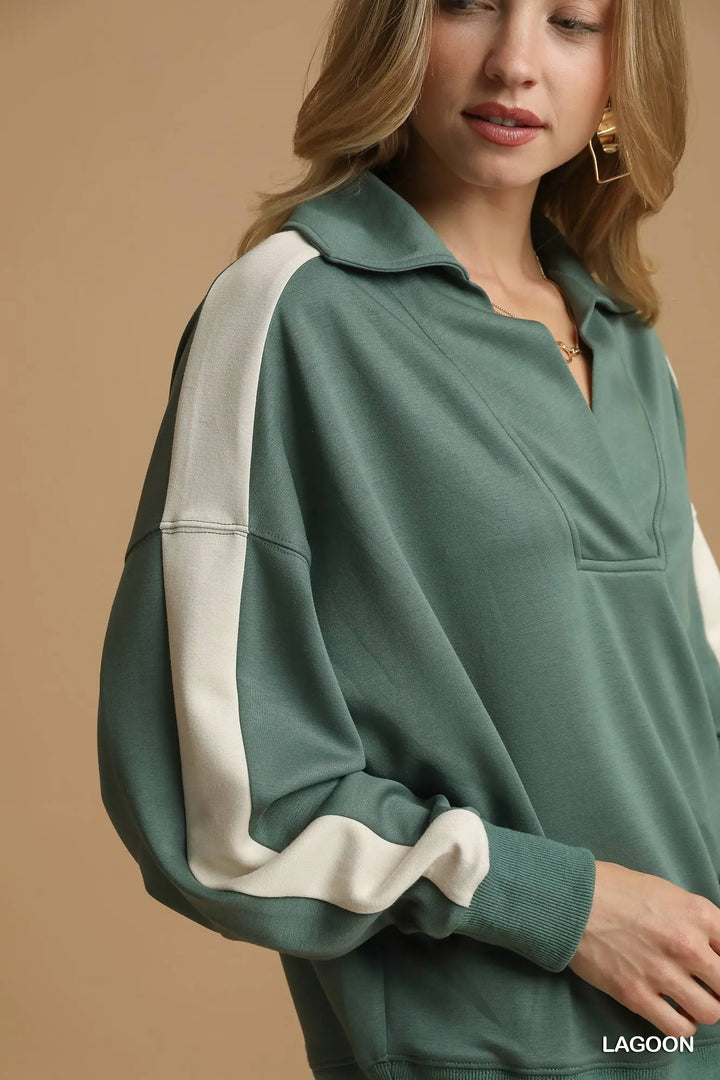 Umgee Contrast Long Sleeve Sweatshirt with Collar