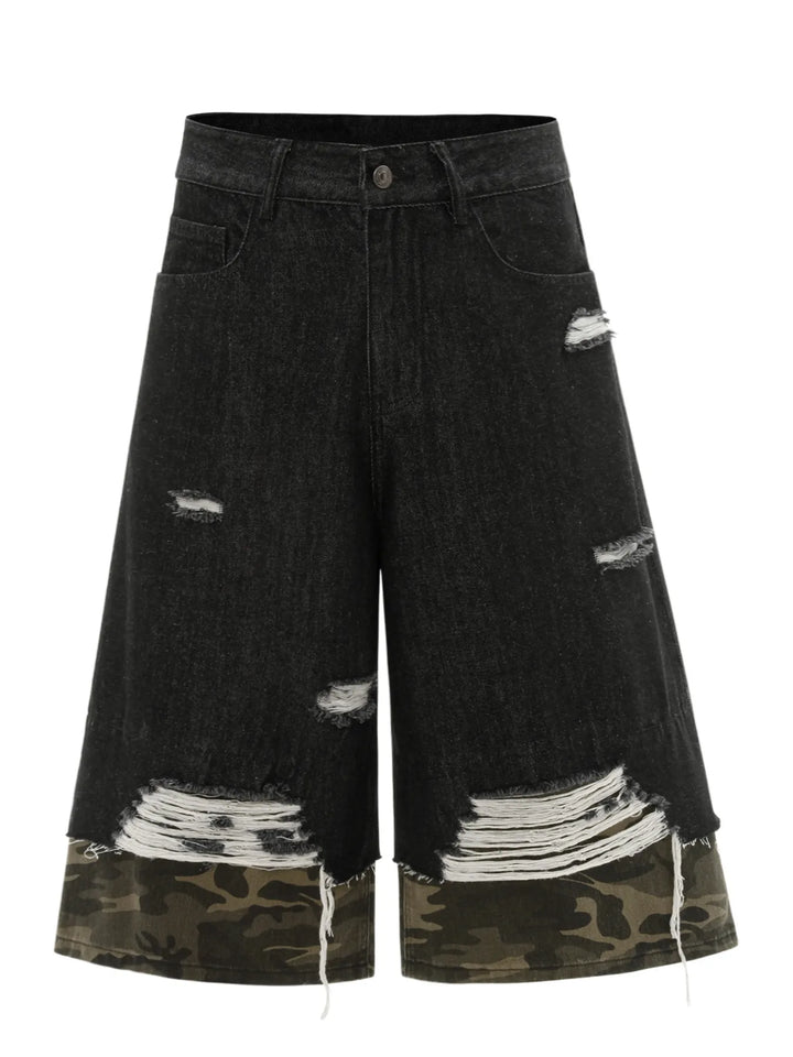 Men's Distressed Camo Trim Denim Bermuda Shorts