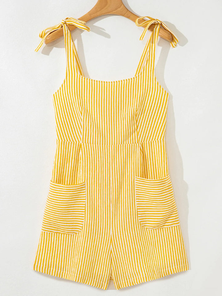 Stripe Shoulder Tie Smocked Back Casual Romper