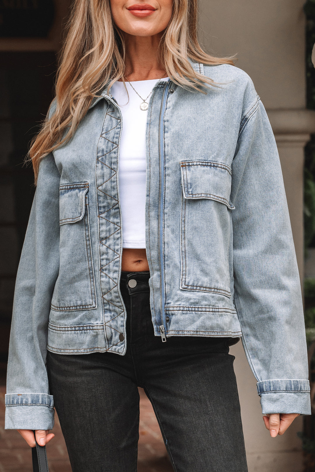Beau Blue Street Style Zip Up Washed Denim Jacket