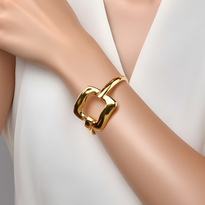 Minimal Interlocking Square Buckle Bangle For Women, High Polish Gold Plated Adjustable Cuff Bracelet, Elegant Daily Fashion Jewelry