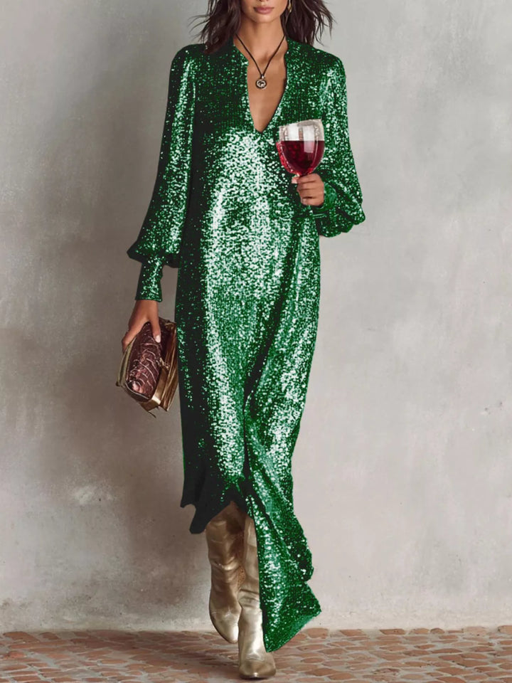 Sequin Notched Lantern Sleeve Maxi Dress