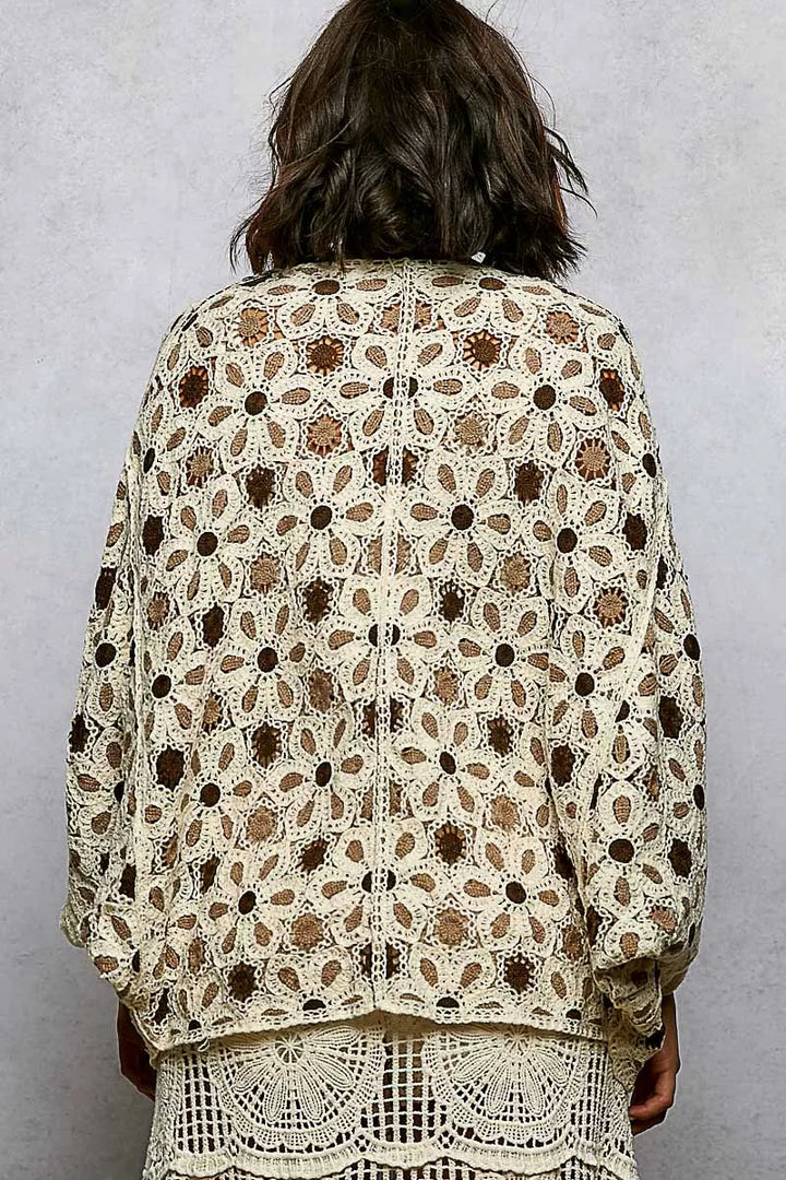 POL Open Front Floral Pattern Crochet Cardigan