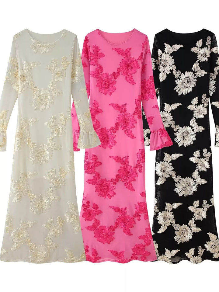 Floral Flounce Sleeve Round Neck Dress