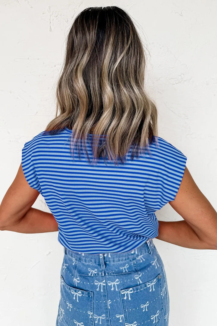 Striped Round Neck Cap Sleeve T-Shirt