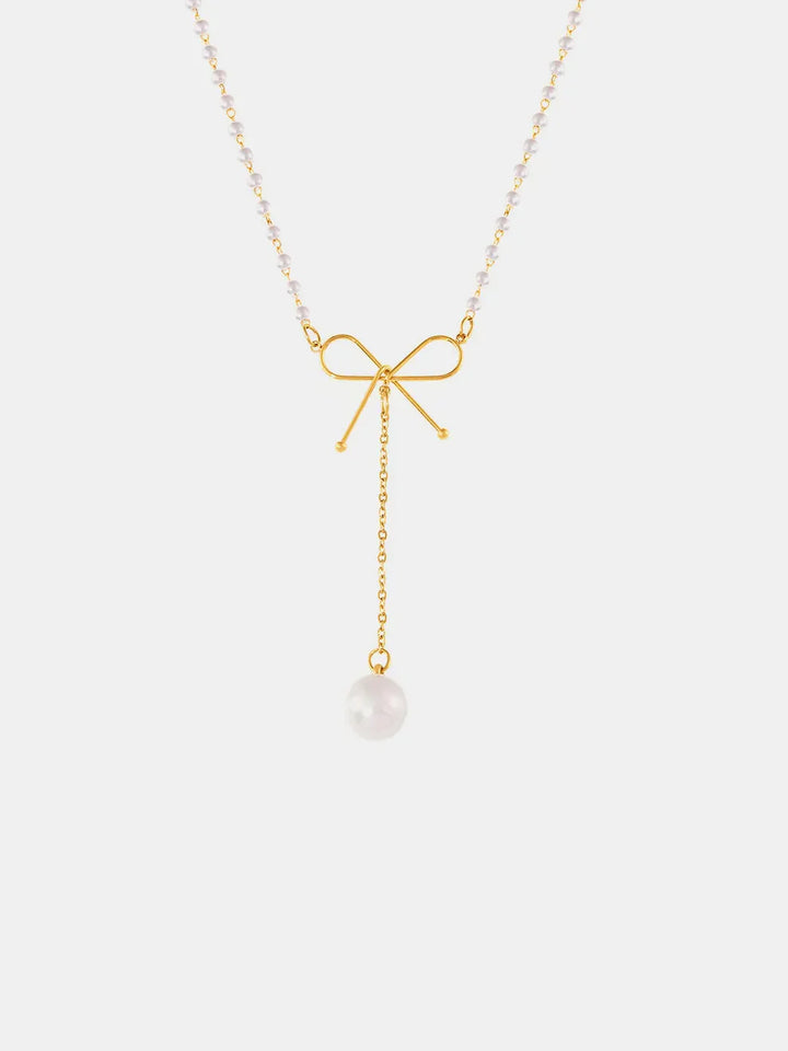 Stainless Steel Bow Pendant Necklace with Pearls