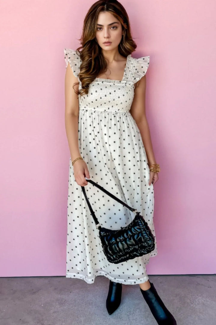 Polka Dot Ruffle Sleeve Smocked Midi Dress