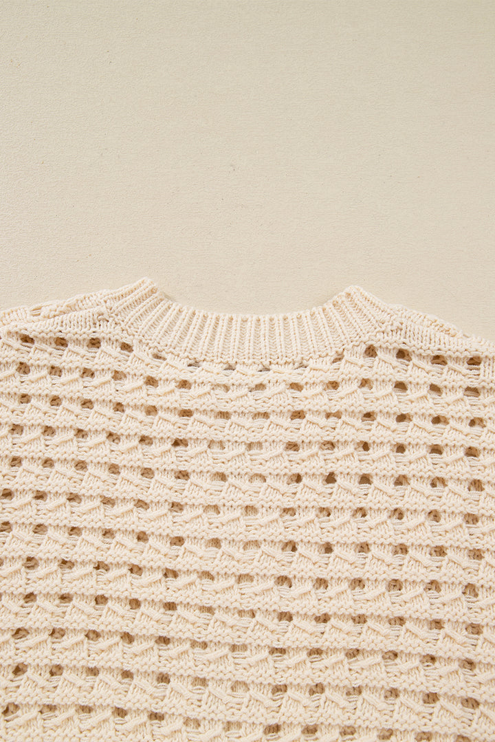 Beige Hollowed Pattern Knit Zip Up Drop Shoulder Sweater Cardigan