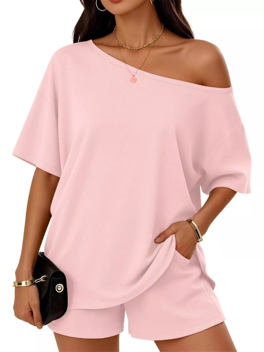 Full Size Boat Neck Tee and Shorts Set Plus Size