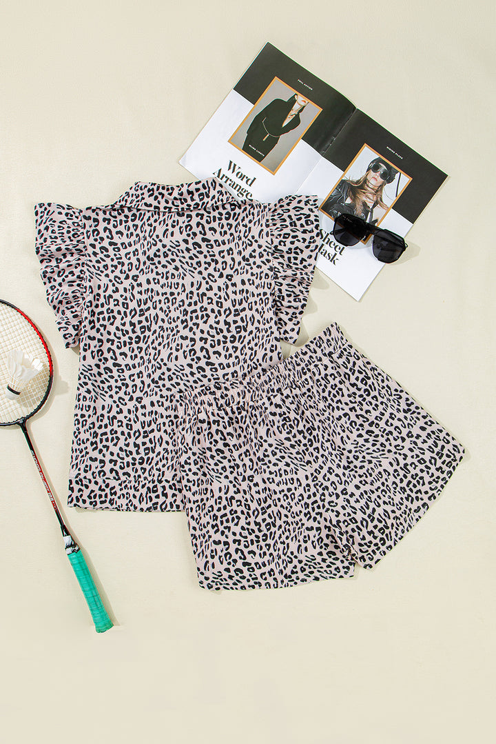 Brown Leopard Half Zipper Collared Ruffled Sleeve Top and Short Set