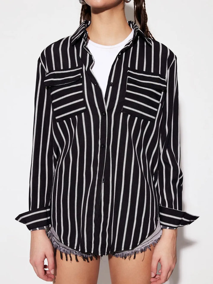 Striped Collared Neck Long Sleeve Shirt
