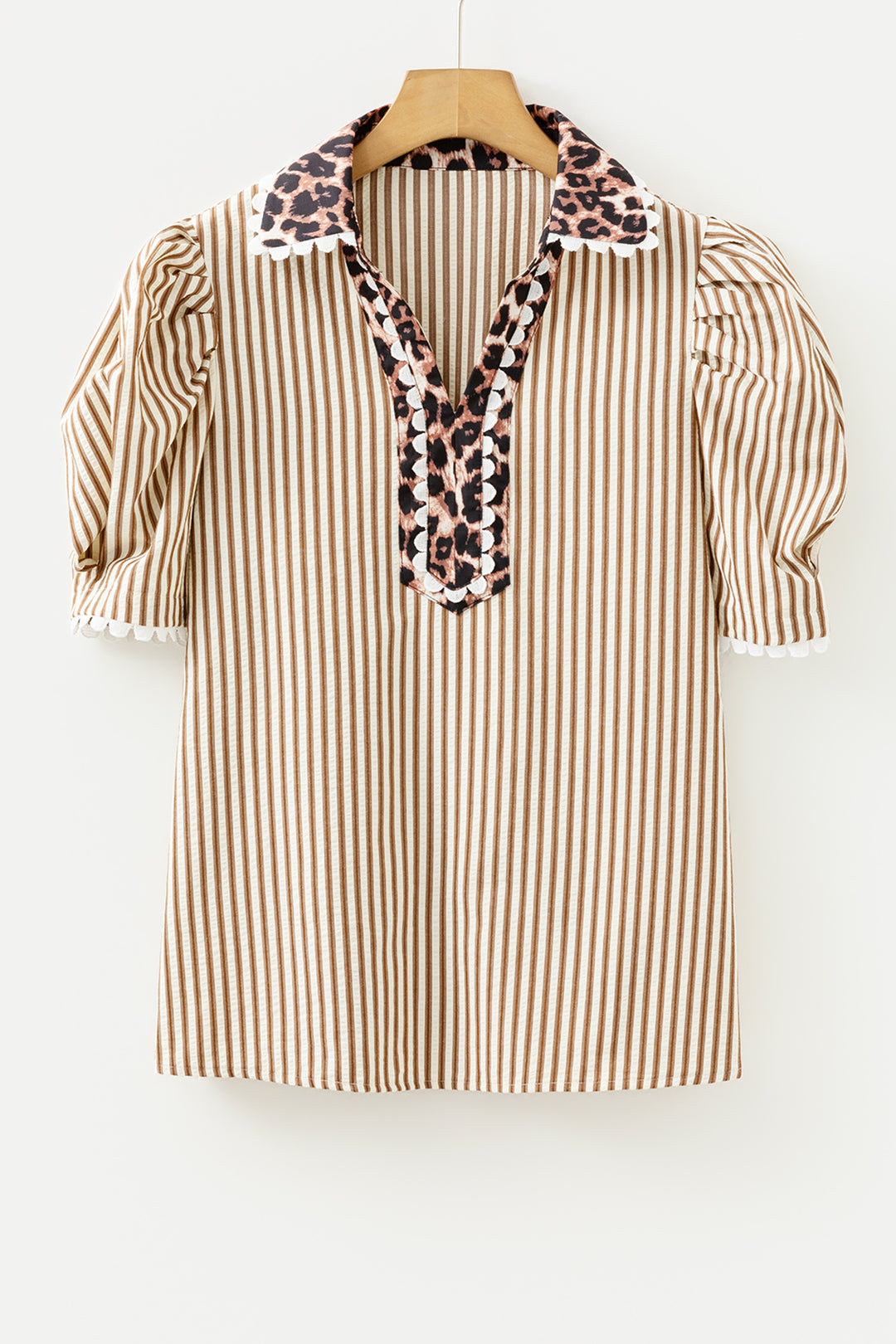 Brown Stripe Ricrac Trim Short Puff Sleeve Leopard Patchwork Collar V Neck Blouse