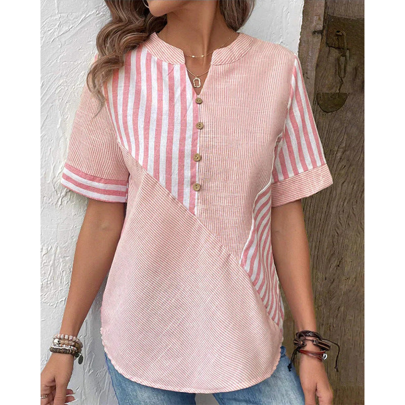 Womens Plus-Size Asymmetrical Striped Patchwork Cotton-Linen Top