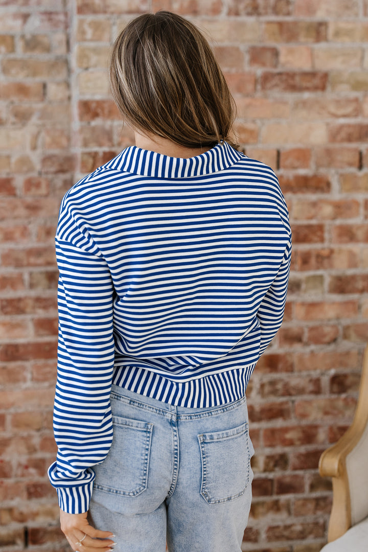 Blue Stripe Quarter Zip Collar Pullover Long Sleeve Top