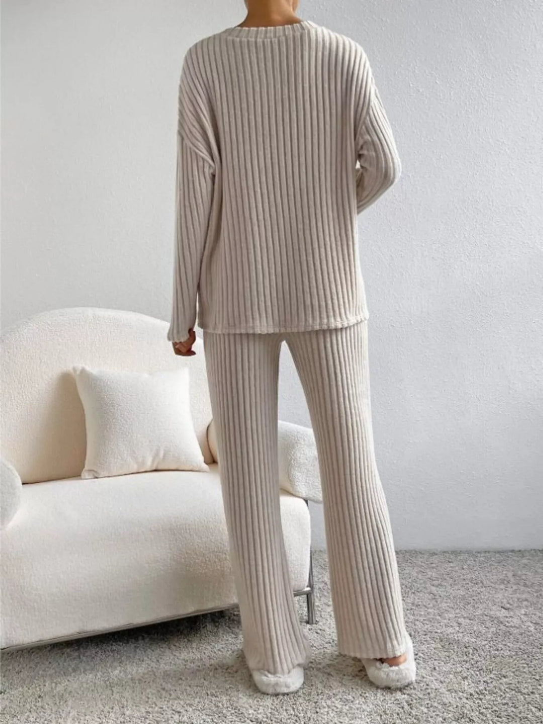 Ribbed Knit V-Neck Top and Pants Set