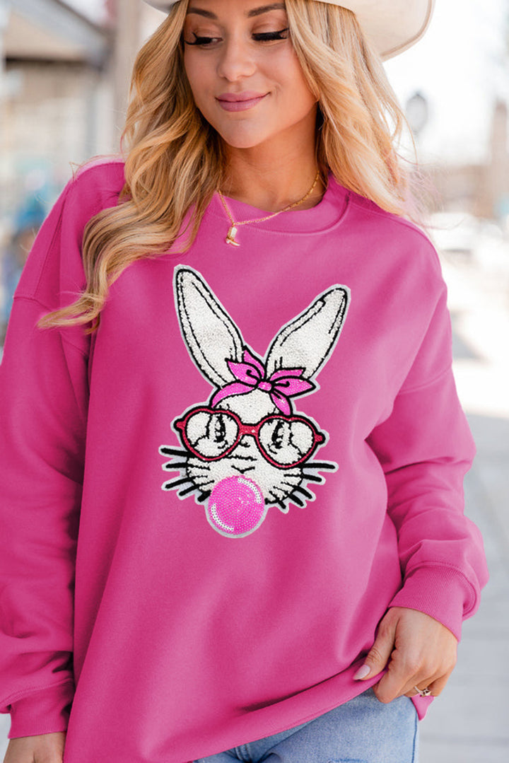 Bonbon Bubble Gum Rabbit Sequin Graphic Drop Shoulder Sweatshirt