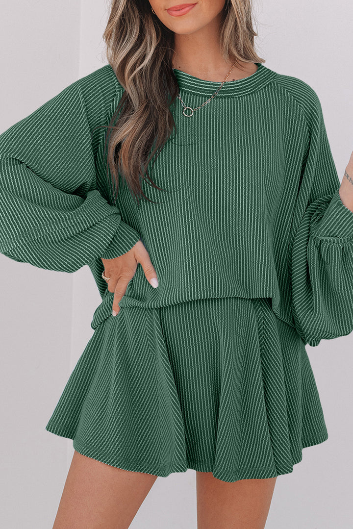 Mist Green Corded Lantern Sleeve Top High Waist Ruffled Mini Skirt Set