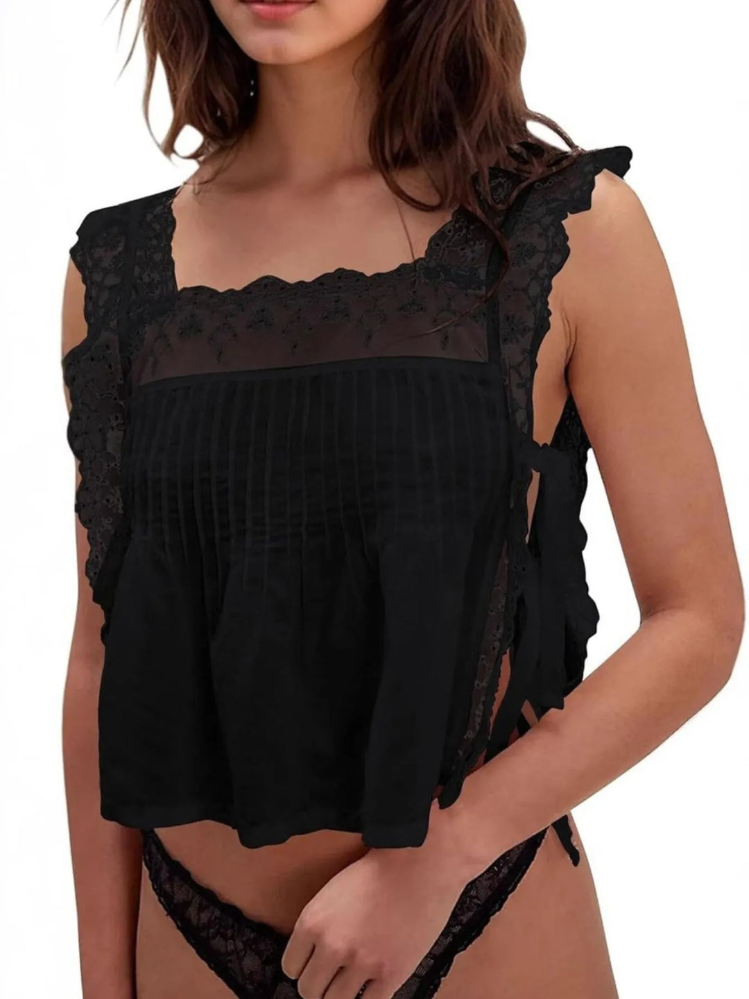 Lace-Trimmed Eyelet Square Neck Top