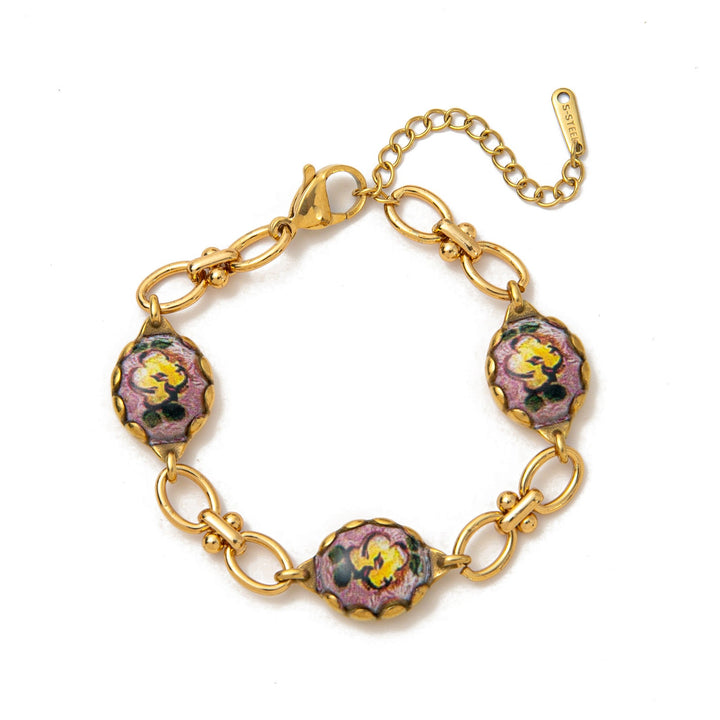French Retro Oil-Painting-Style Floral Pendant Bracelet