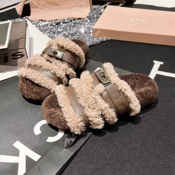 Fuzzy Buckle Accent Plush Slippers