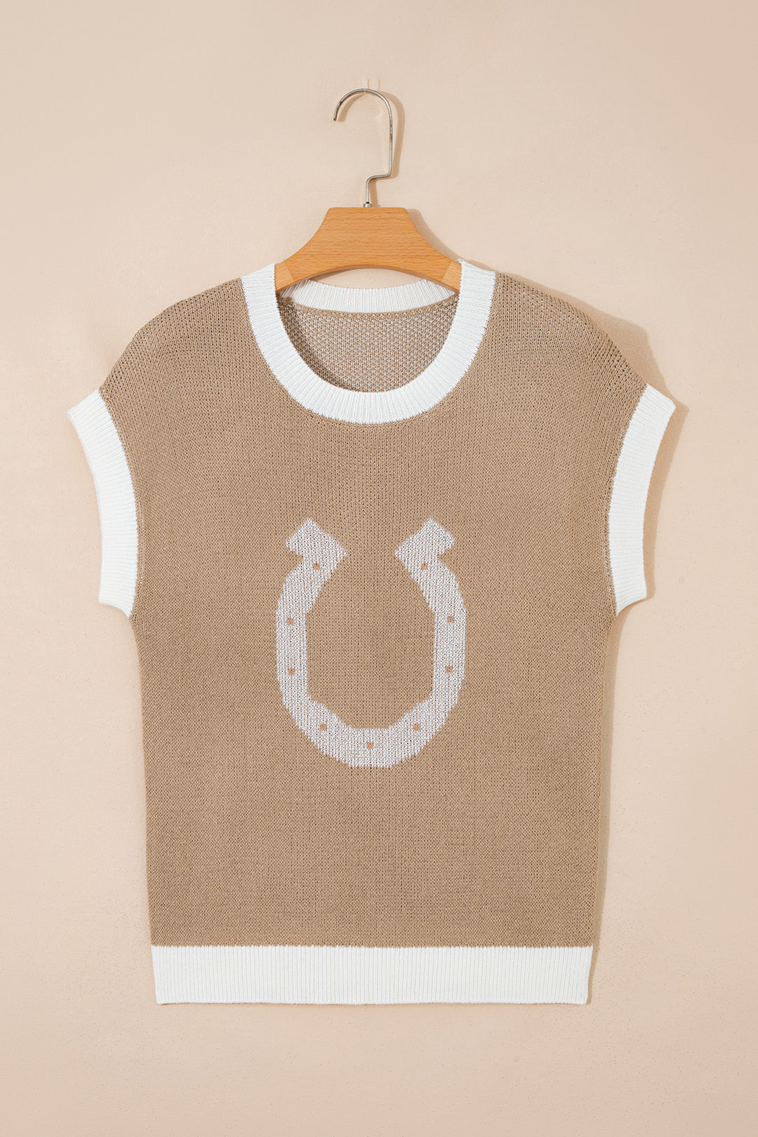 Goat Horse Shoe Pattern Contrast Trim Short Sleeve Sweater