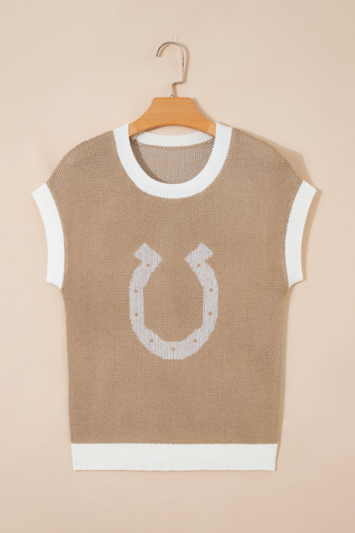 Goat Horse Shoe Pattern Contrast Trim Short Sleeve Sweater
