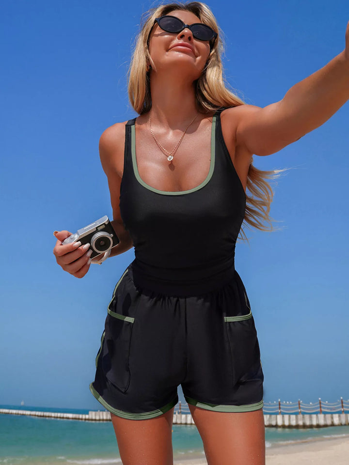 Contrast Trim Scoop Neck One Piece Swimsuit