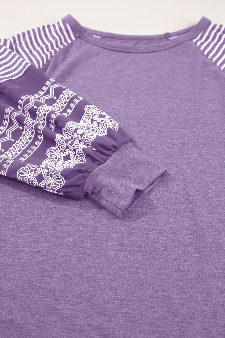 Tillandsia Purple Contrast Print Striped Raglan Long Sleeve Loose Top