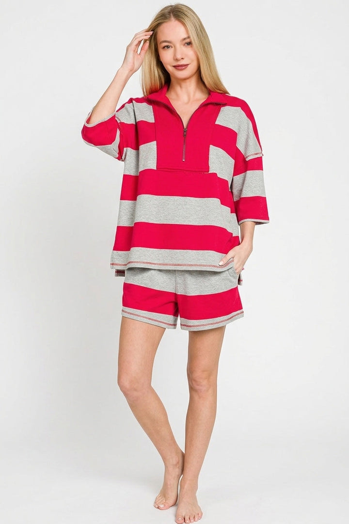 Zenana Frenchterry Striped Half Zip Top & Shorts Set