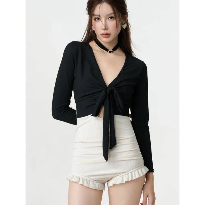 Bikini Set – V-Neck Long Sleeve with Ruffle High Waist