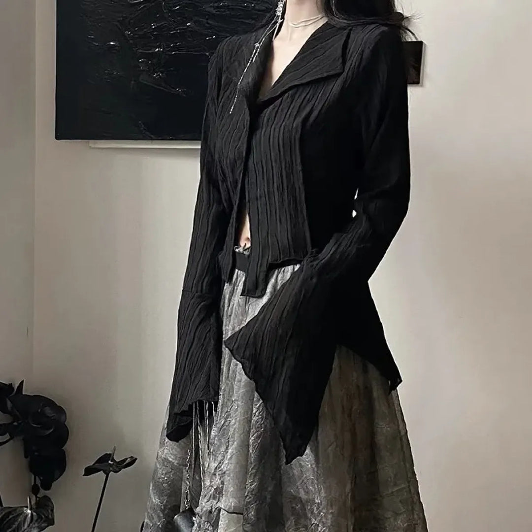 Black Gothic Irregular Shirt – Dark Aesthetic Grunge Blouse